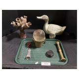 Brass Mortar & Pistol, Stoneware Duck, Vase.