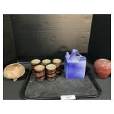 Unglazed Tripod Bowl, Stoneware Vase, Teapot.