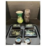 Wallendorf Vase, Enamel Ash Trays, Lacquerware.