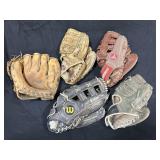 5 Vintage Leather Baseball Gloves.