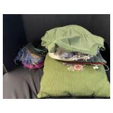 Vintage Hats, Green Floral Pillow, Green Dress.