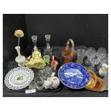 Flow Blue Plate, Etched Stemware, Carnival Glass.