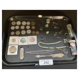 Foreign Coins, Stamps, Costume Jewelry.