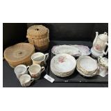 Porcelain Mugs, Trays, Chocolate Pot.