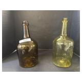 2 Hand Blown Green Bottles.