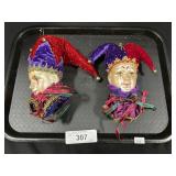 2 Glass Head Jester Christmas Ornaments.