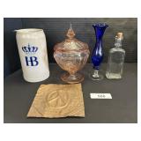 Pink Depression Glass Candy Dish, Stoneware Stein.