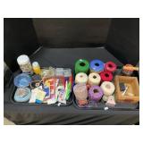Sewing Supplies, Buttons, Needles, Crochet Hooks.
