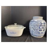 Blue & White Porcelain Jar, Corningware Dish.
