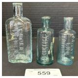 3 Broken Pontil Aqua Blown Glass Liniment Bottles