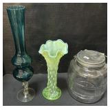 Art Glass Swung Vases & Barrel Jar.