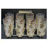 Mid Century Frosted Leaf Glasses w/ Carrier.