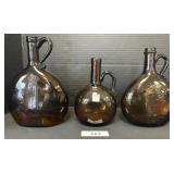 3 Broken Pontil Amber Blown Glass Jugs.