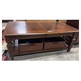 Inlayed Mahogany Coffee Table, Rattan Baskets.