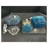 Depression Bowl, Reamer, Blue Glass Plates.