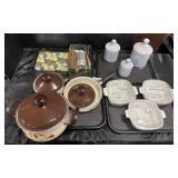 Corningware Dishes, 3 Ceramic Jars, Cookie Press.