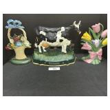 Cast Iron Basket, Flowers & Cow Door Stoppers.