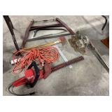 Hedge Trimmer, Chain Come-Along, BowSaw, Axe.
