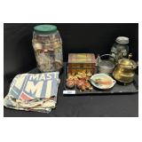 Feed Bags, Tin & Wooden Tea Sets, Spools Thread.