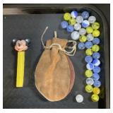 Rare Mickey Mouse Pez, Marbles & Leather Pouch.