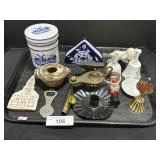 Redware Ornament, Blue Delft Canister & Holder.