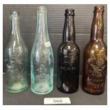 Amber & Aqua Glass Blob Top Beer Bottles.