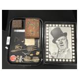 W.C. Fields Print, Costume Jewelry, Wooden Boxes.