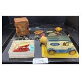 Toy Cars, Whistle, Wooden Bank.