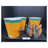 3 Tin Buckets, Mini Bowling Pins.