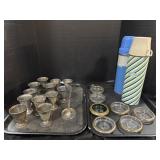 2 Thermoses, Glass Ashtrays, Cups.