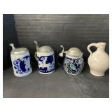 German Stoneware Steins & Unmarked Pitcher.