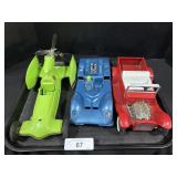 1 Pressed Steel Car, 2 Plastic Cars.