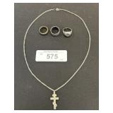 Sterling Silver Rings & Cross Necklace.