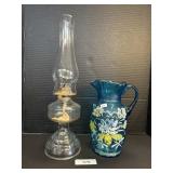 Broken Pontil Blown Glass Pitcher, Hurricane Lamp.