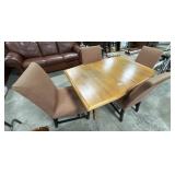 Blonde Oak Dining Table, Upholstered Chairs.