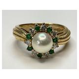 14KT Gold Pearl, Diamond, and Emerald Halo Ring.