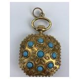 14KT Gold & Turquoise Pocket Watch Style Pendant.