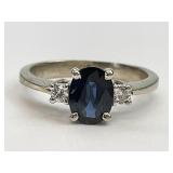 White Gold Blue Sapphire Diamond Accent Ring.