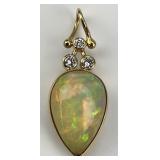 14KT Gold Pear Shape Opal & Diamond Pendant.
