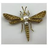 14KT Gold, Pearl & Diamond Dragonfly Pin. Marked