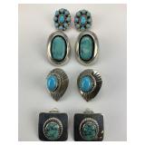4 Pairs Sterling Silver Turquoise Navajo Earrings.