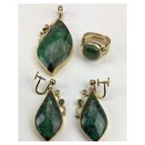 14KT Gold 4pc Malachite Jewelry Set.