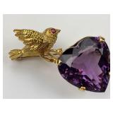18KT Gold, Ruby, And Amethyst Bird Brooch.