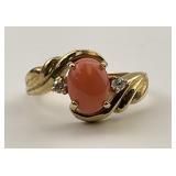 14KT Gold Pink Coral & Diamond Accent Ring.