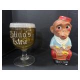 Large Monkey Coin Bank, Eblings Extra Large Glass.
