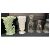 Milk Bottles, Milk Glass & McCoy Vases.