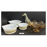 Pyrex Casserole Dishes, Amber Glass Candy Dish.