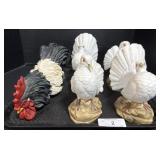 4 Ceramic Doves, 1 Ceramic Rooster.