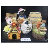 5 Coin Banks, Music Box, Small Barrel.