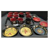 Folk Art Painted Tin Mugs & Plates.
